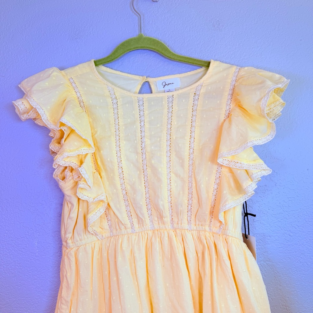 Japna Butter Yellow Swiss Dot Ruffled Cap Sleeve Lace Trim Tiered Mini Dress L - Picture 3 of 14